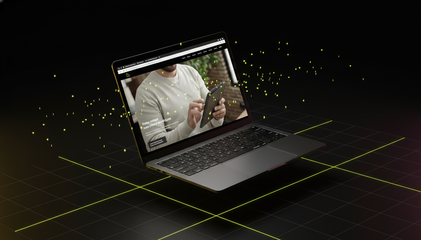 BlueBee workflow scene — laptop floating in dark space with neon-yellow particles and grid mesh, showcasing the offer generator flow