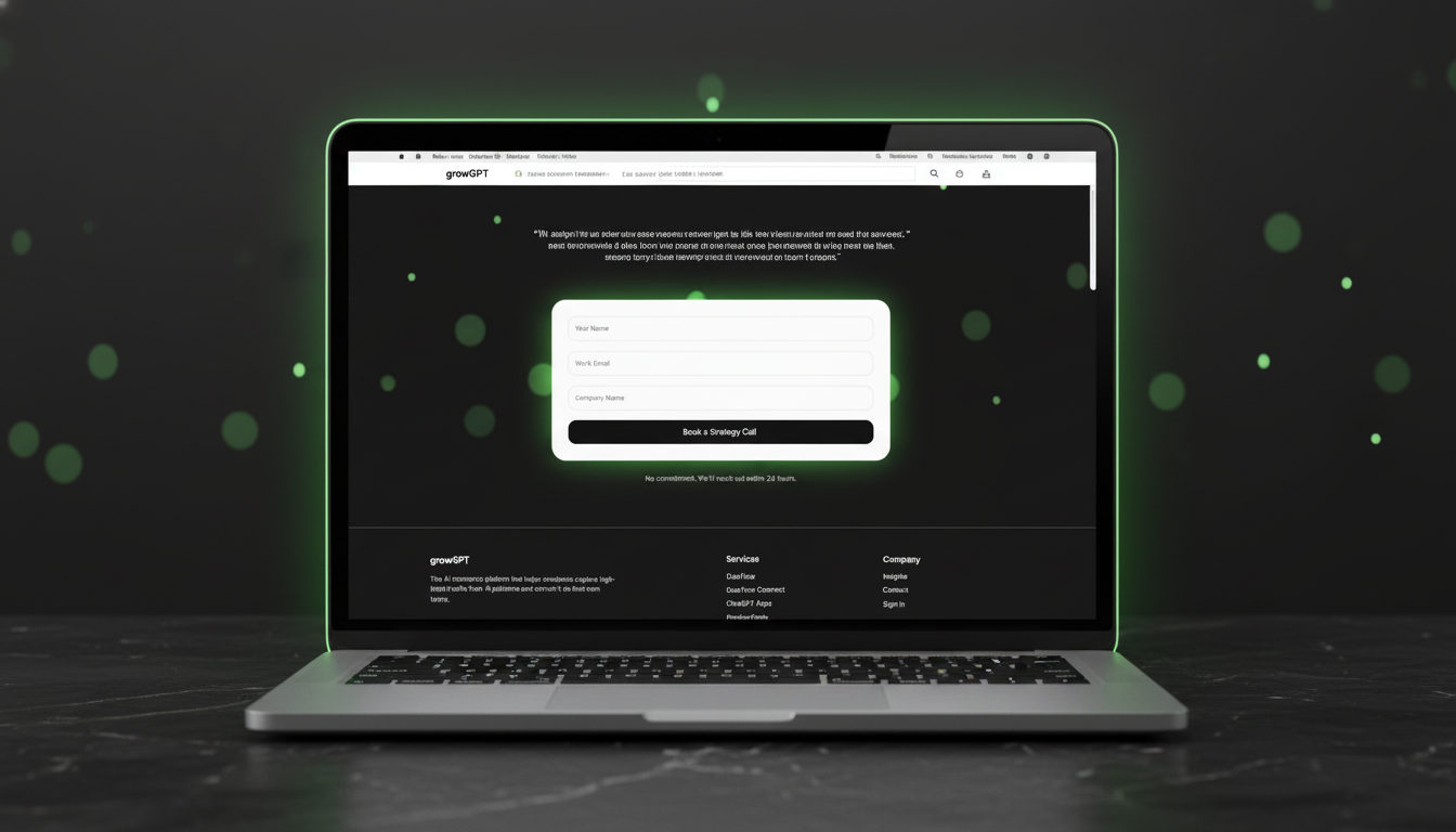 GrowGPT analyst quotes scene &mdash; silver laptop magazine-cover composition on dark marble background with neon-green rim-light and green ambient bokeh, showing BCG / McKinsey / Gartner research excerpts