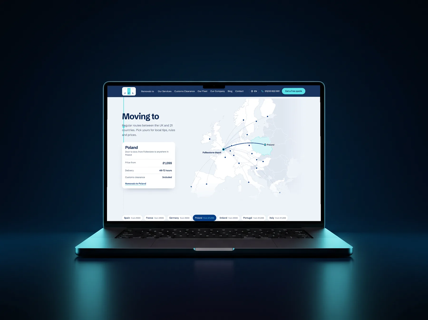 The new JCL Removals website - Moving to section with destinations from London