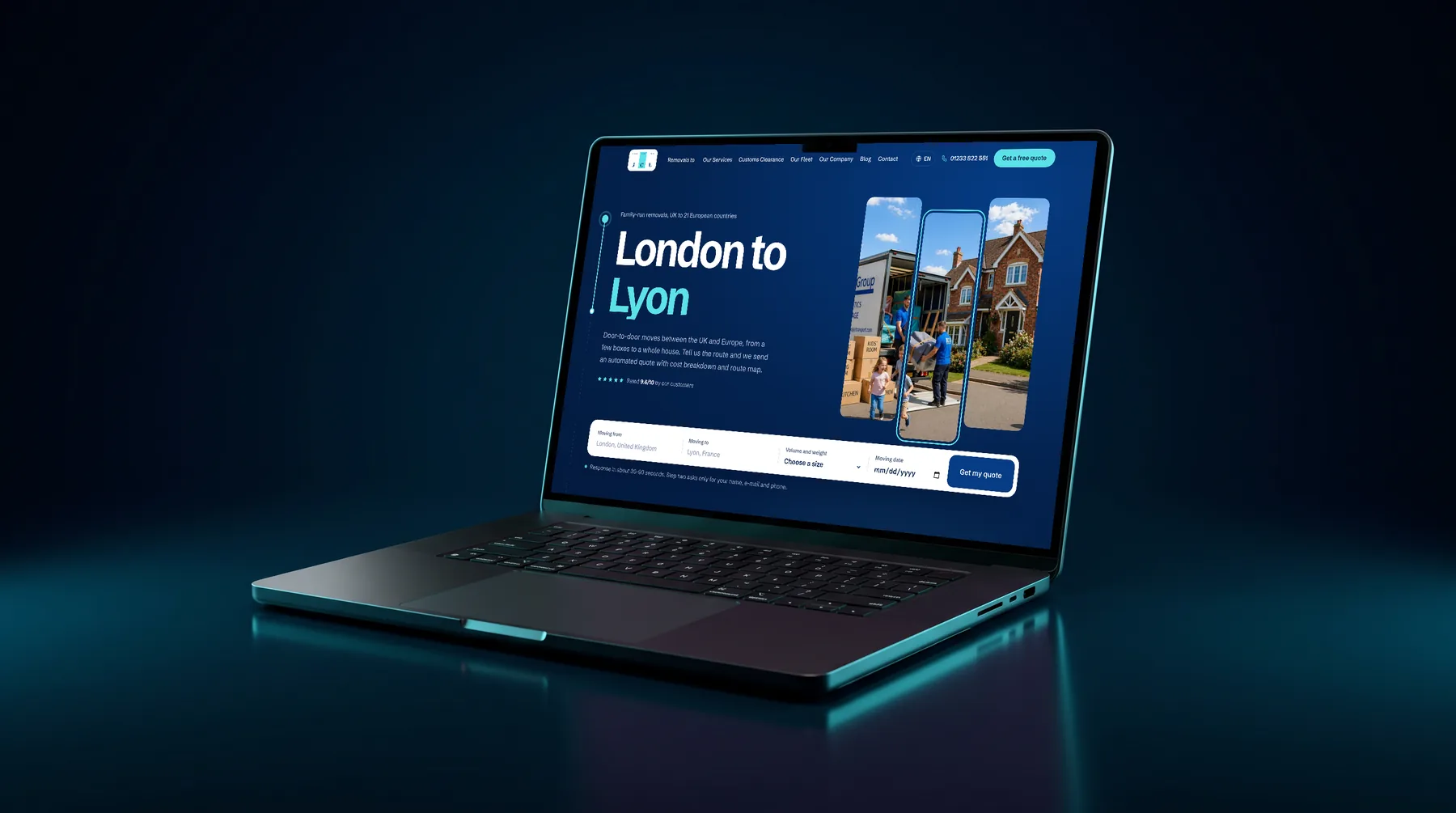 The new JCL Removals website on a laptop - design V2 Trasa with a route line through the page