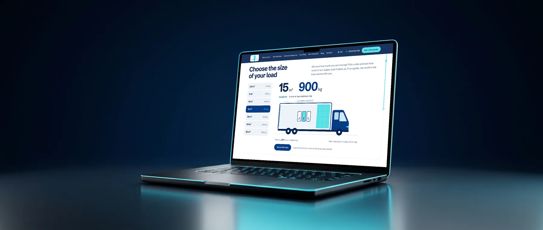 The new JCL Removals website - choose the size of your load, with a van filling up as you pick