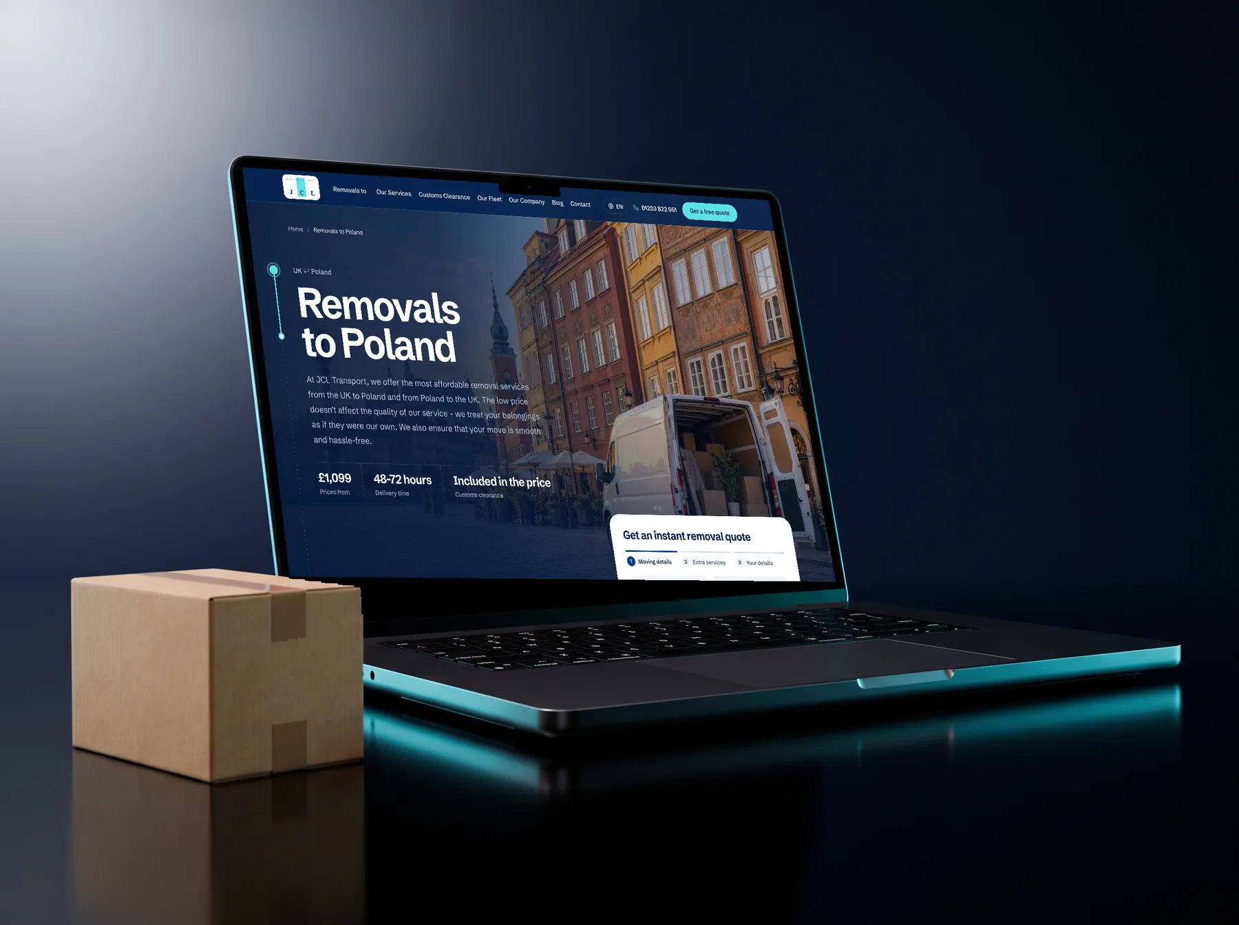 The new JCL Removals website - the destination page for Poland with a photo of Warsaw