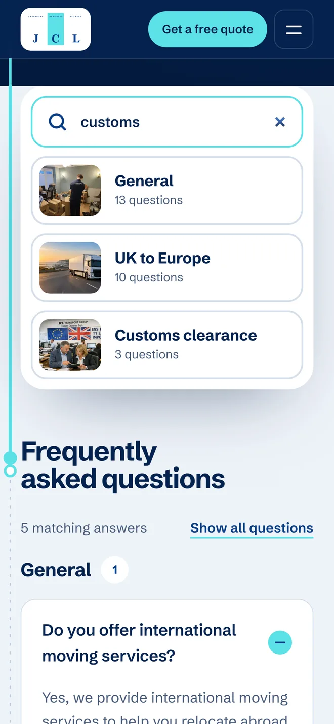 Mobile screen: help centre search for customs across topics