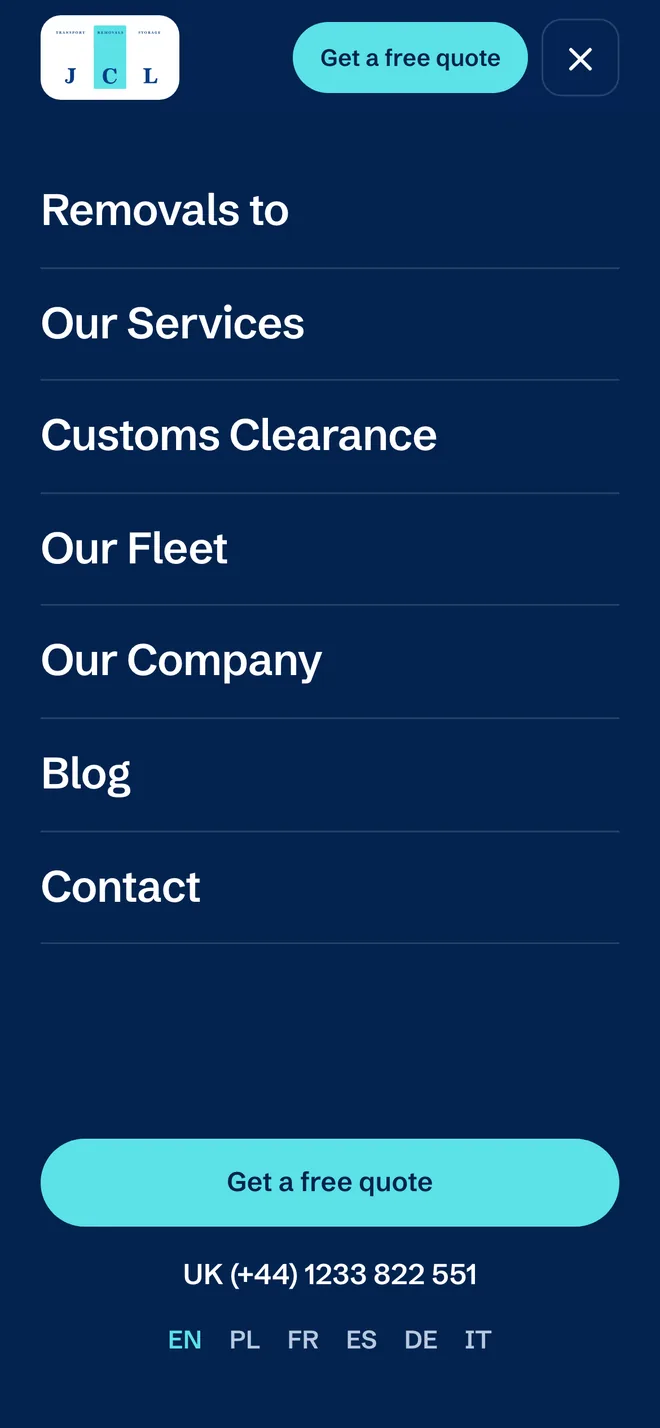 Mobile menu with six language versions: EN, PL, FR, ES, DE, IT