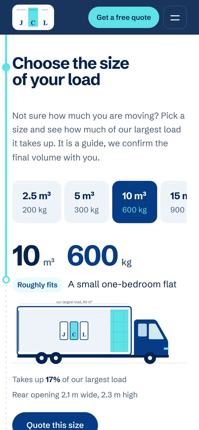 Mobile screen: choose the size of your load, with a van filling up
