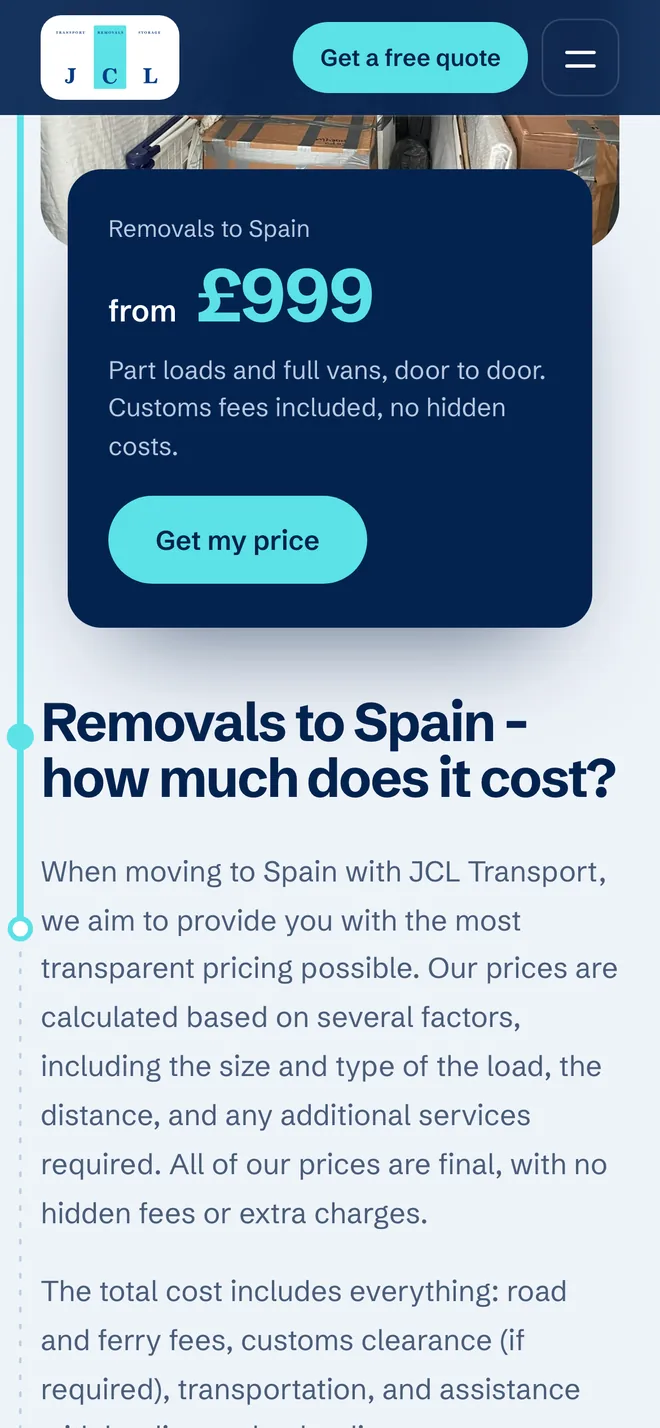 Mobile screen: removals to Spain with a price from and a call to action