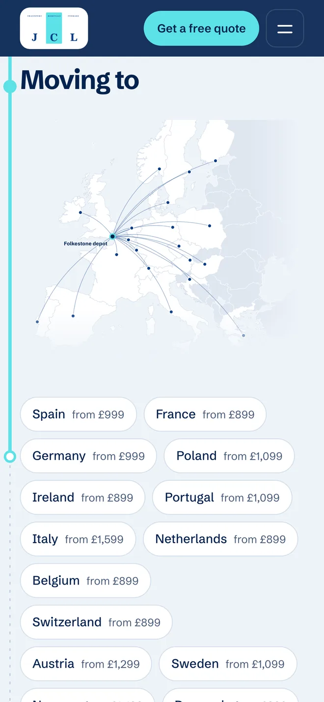 Mobile screen: Moving to as a route map from the Folkestone depot with prices for each country
