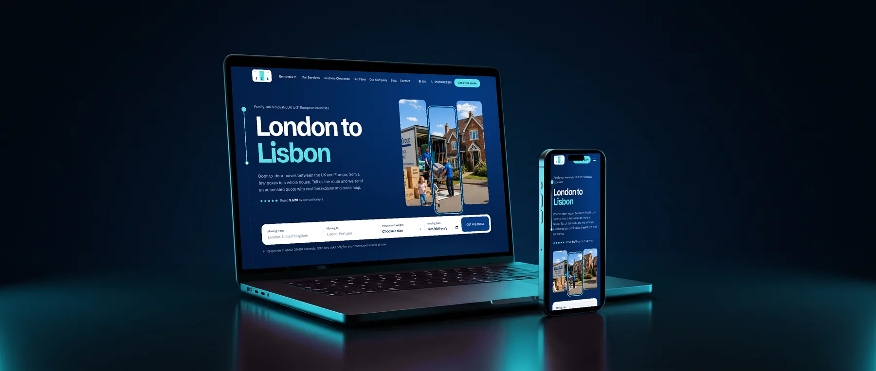 The new JCL Removals homepage on a laptop and a phone - London to Lisbon