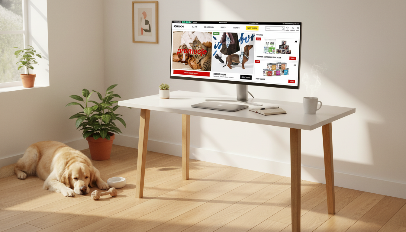 John Dog landing page on johndog.pl — pet retail homepage with promotions, JD Lizbona collection and weekly hits