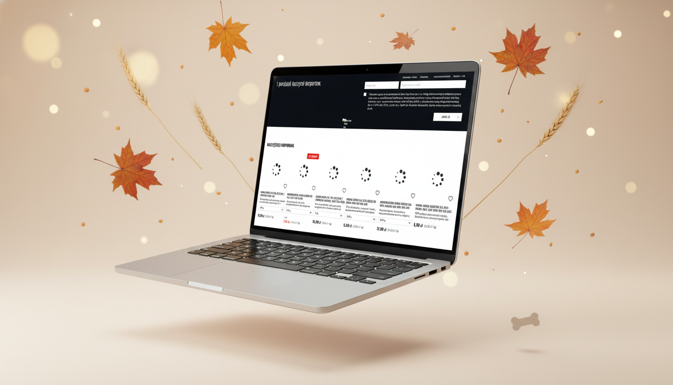 John Dog workflow scene — laptop floating in a warm cream space with drifting maple leaves and dried florals, autumn afternoon mood