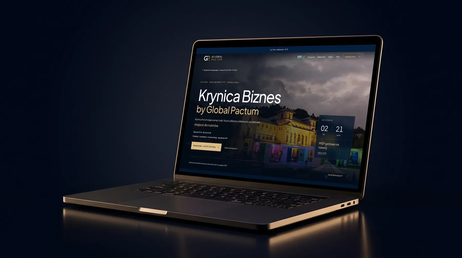 Krynica Biznes by Global Pactum landing page on a laptop - the business track of Krynica Forum 2026 at the 5* Hotel Belmonte