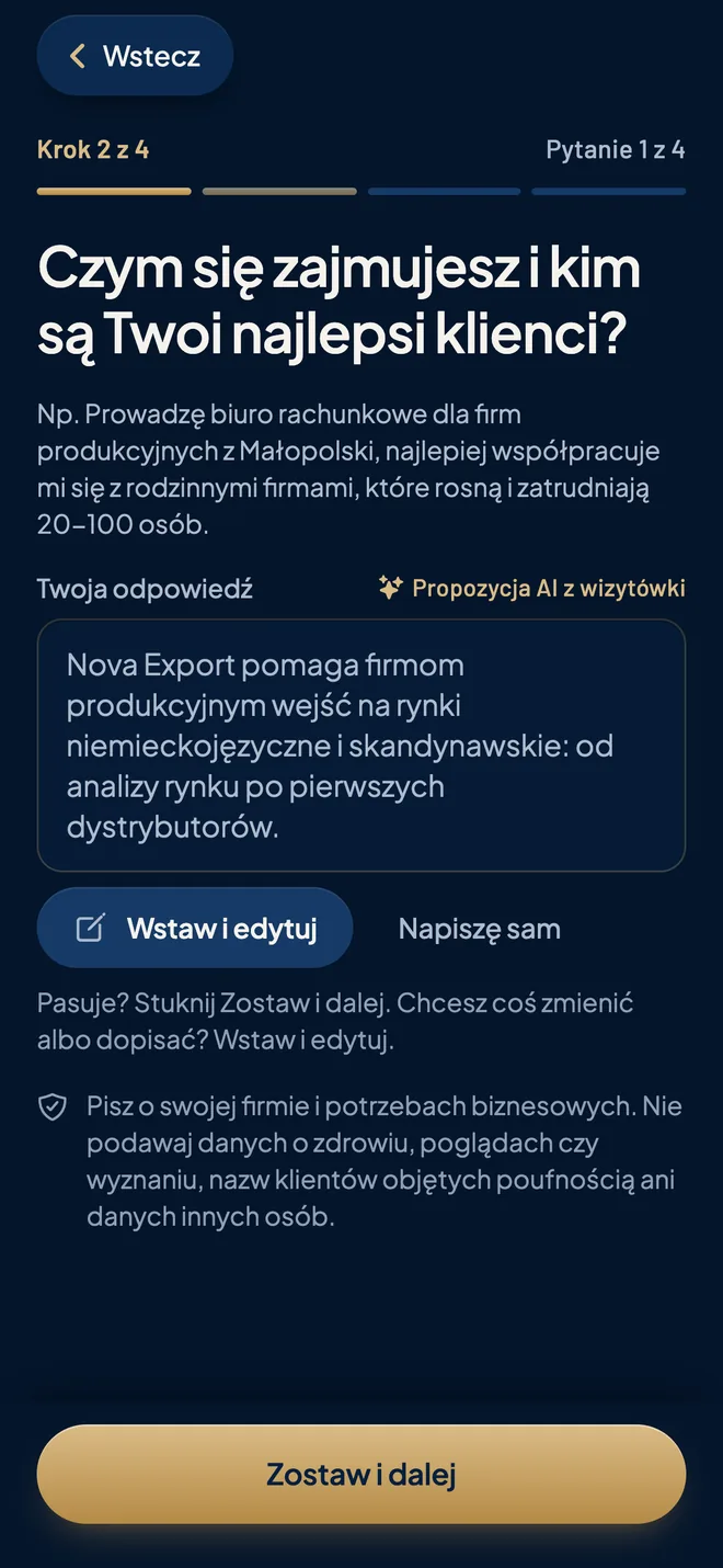 App screen: profile question with an answer suggested by AI from the company website