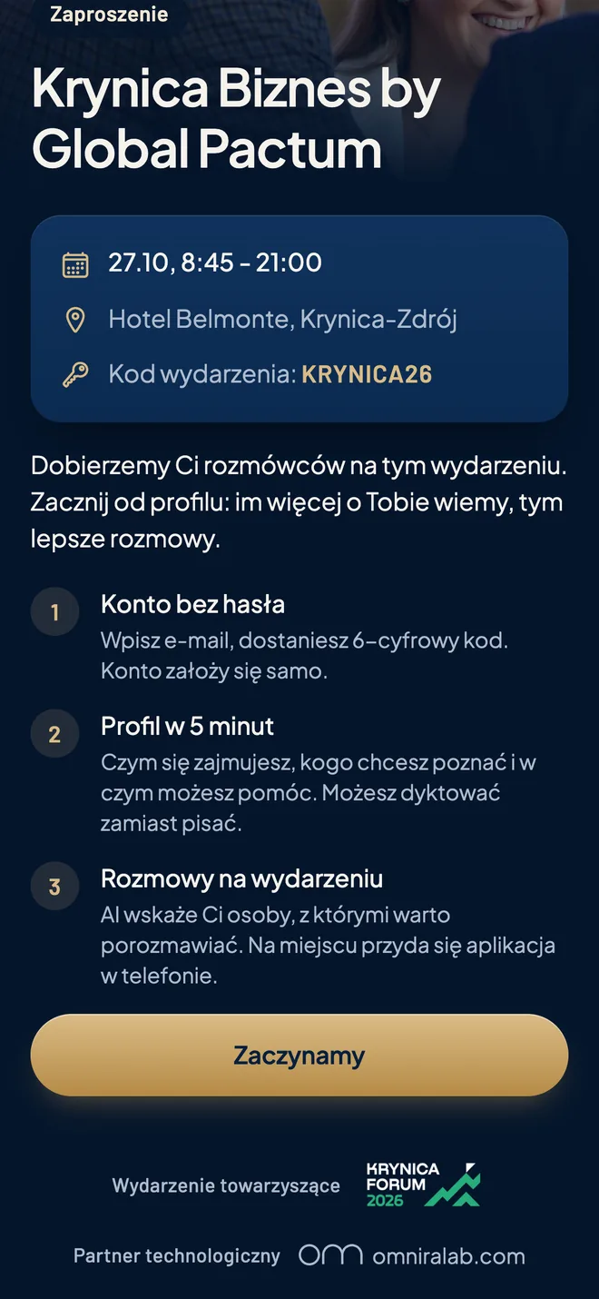 App screen: personal invitation to Krynica Biznes with date, venue and three steps