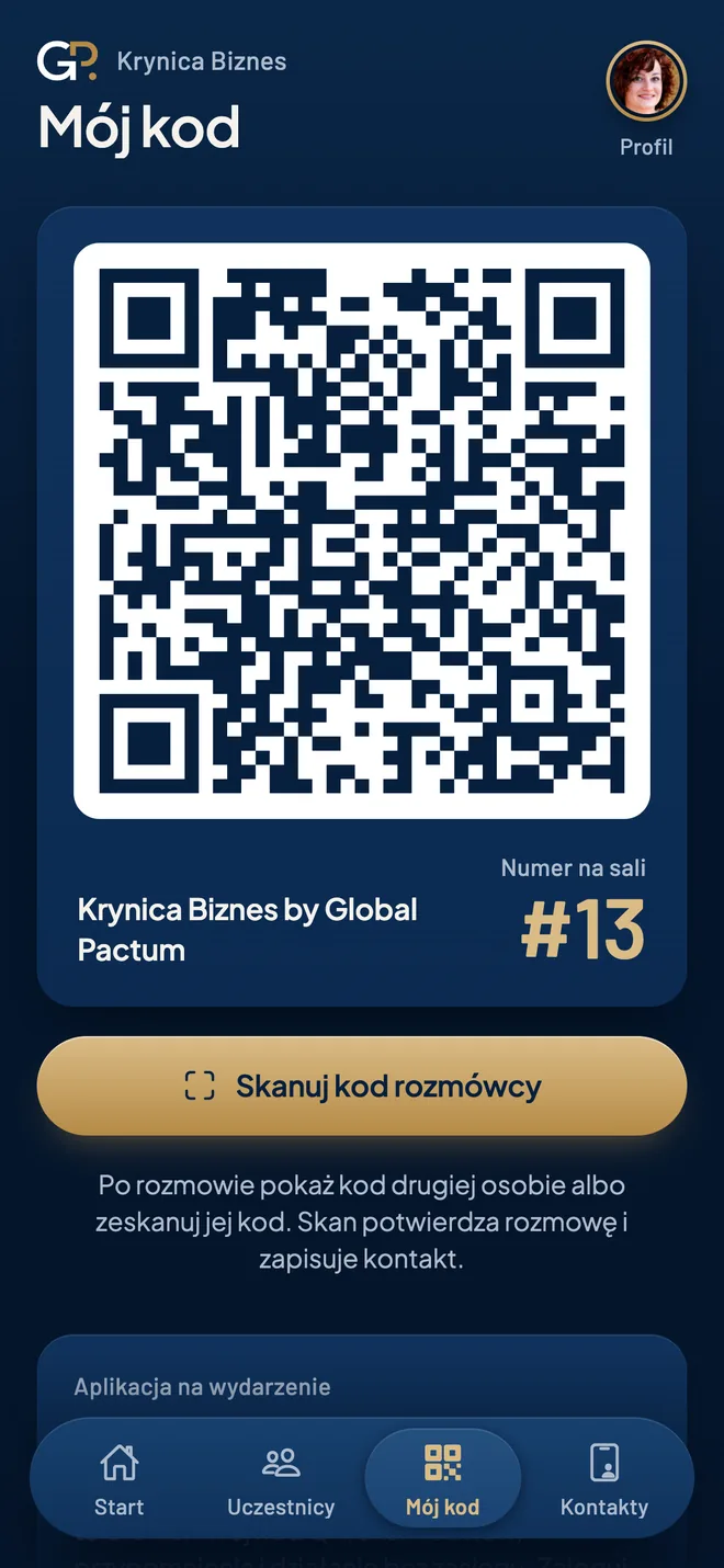 App screen: personal QR code and number in the room