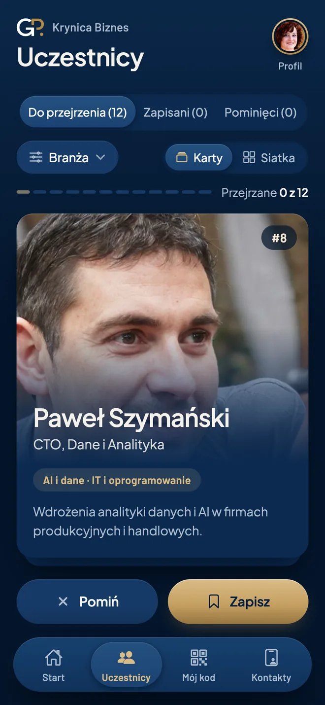App screen: deck of fellow guests with industry filter, save and skip