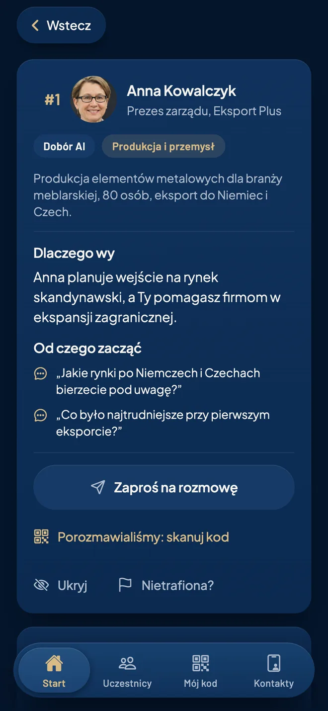 App screen: AI recommendation explaining why two guests should meet and how to start