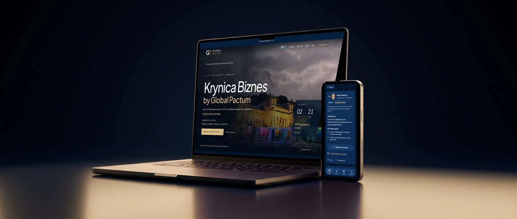 Krynica Biznes landing page on a laptop next to the networking app on a phone - from the ticket to the matched conversation