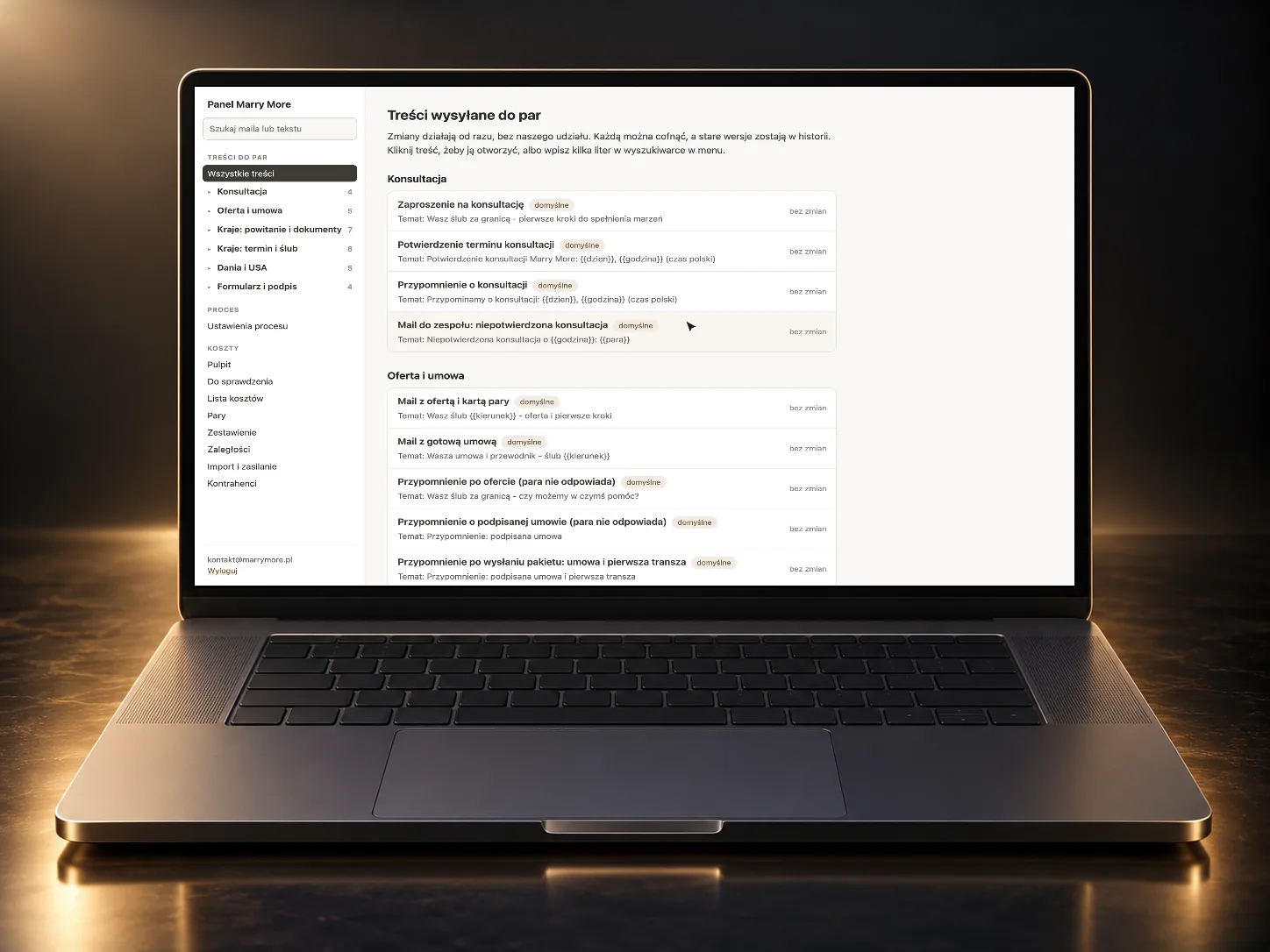 The Marry More content panel - emails to couples grouped by stage, each one editable by the team