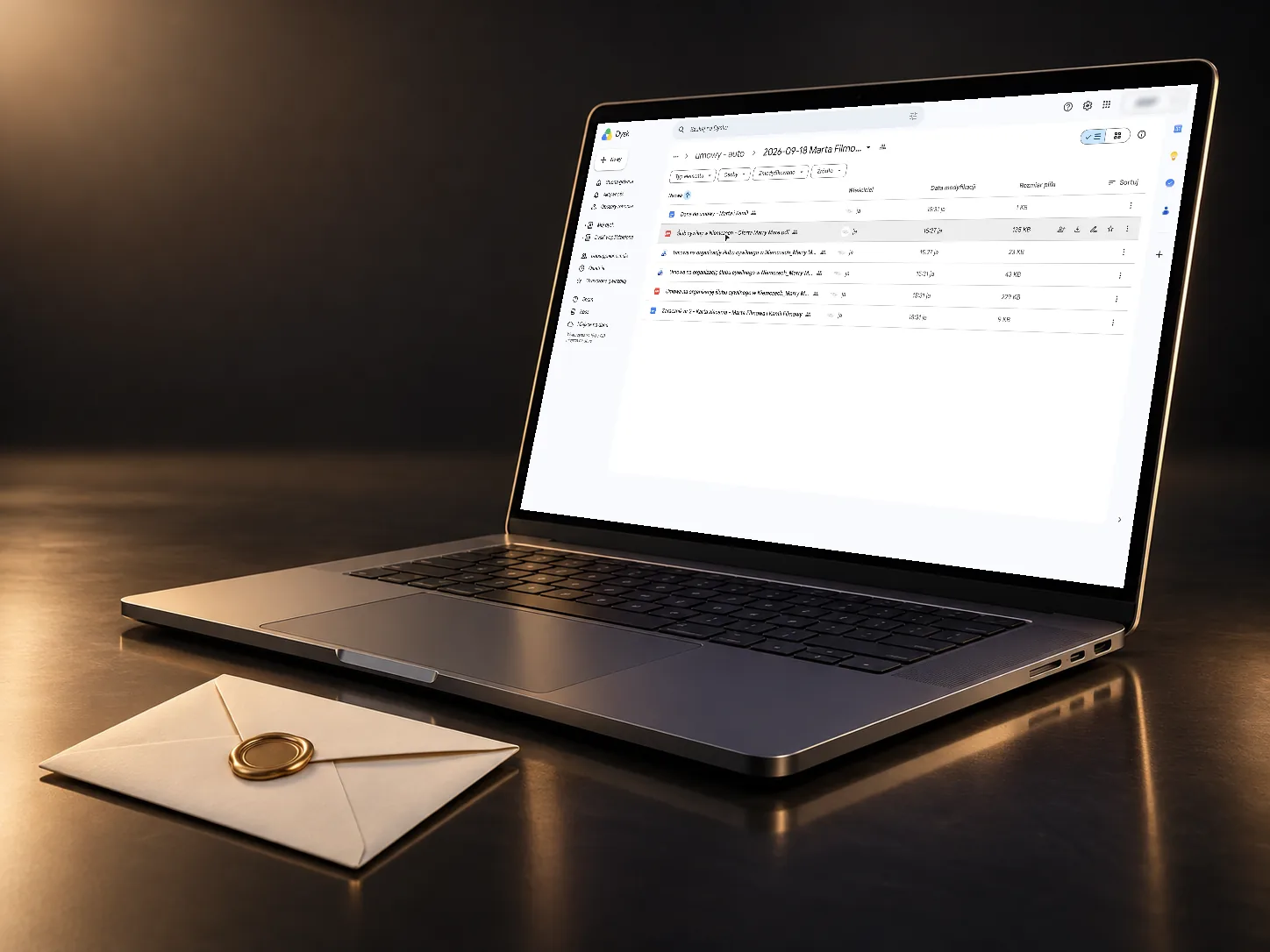 A couple's folder on Google Drive with the offer, the contract as Word and PDF, and the couple's card as an annex - all generated automatically