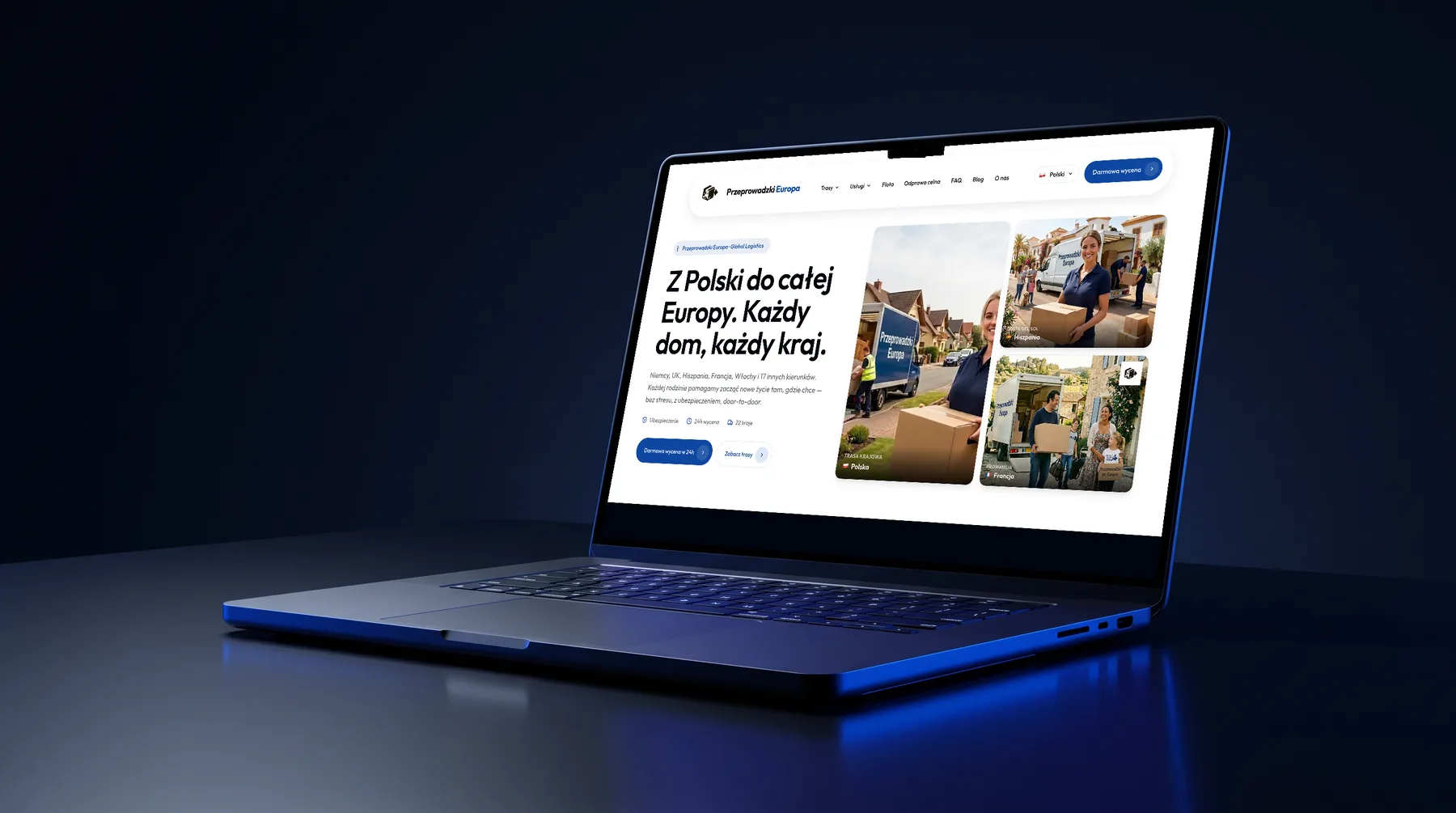 Przeprowadzki Europa platform on a laptop - international moves from Poland to the UK and Europe
