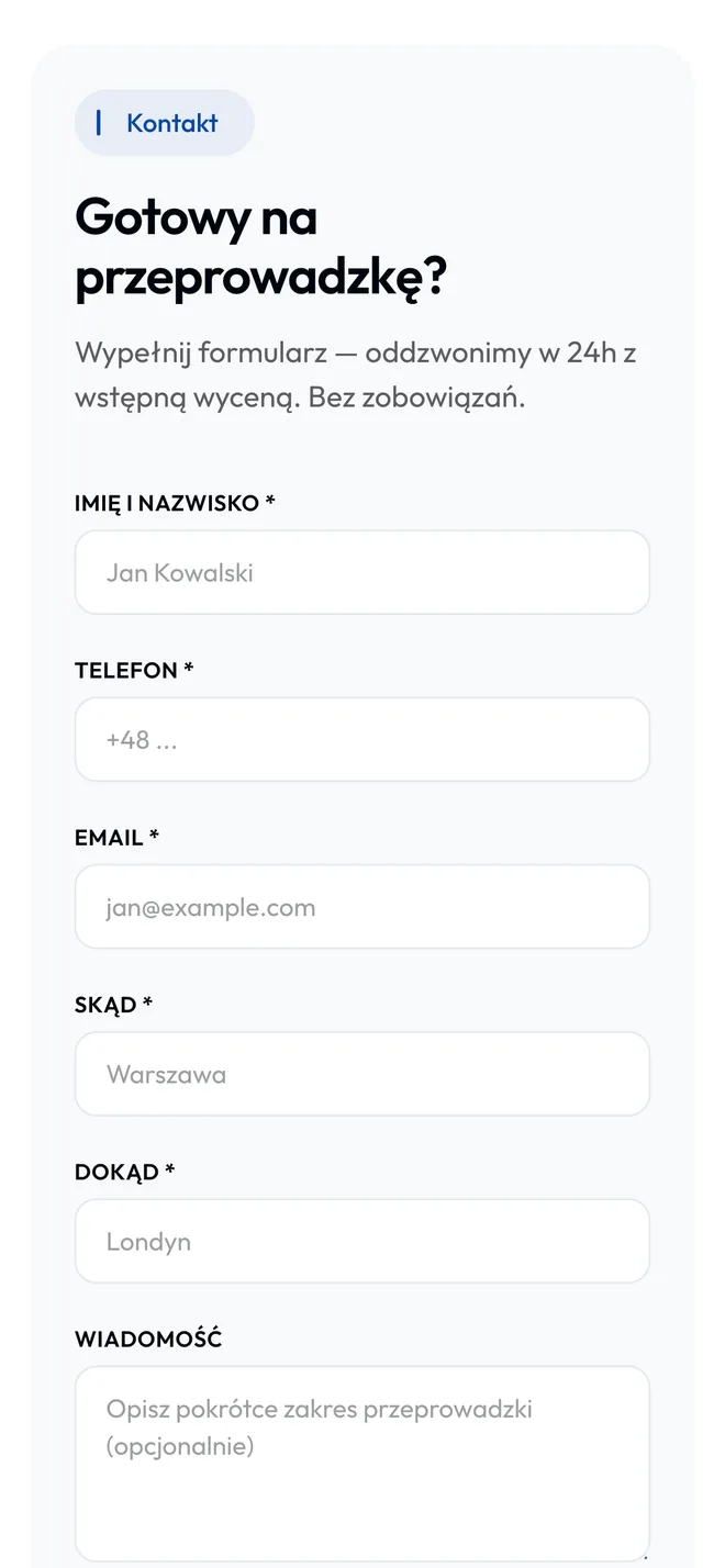 Mobile screen: enquiry form with name, phone, email, from and to
