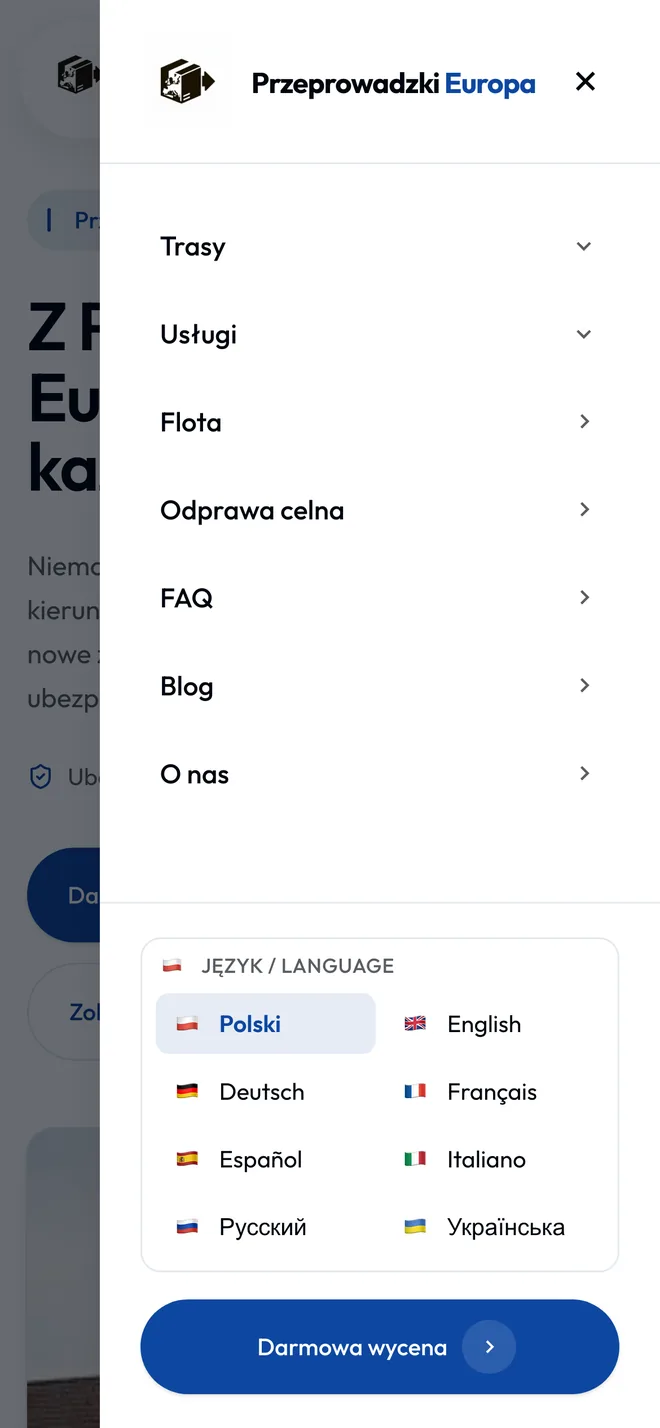 Mobile menu with eight languages: Polish, English, German, French, Spanish, Italian, Russian, Ukrainian