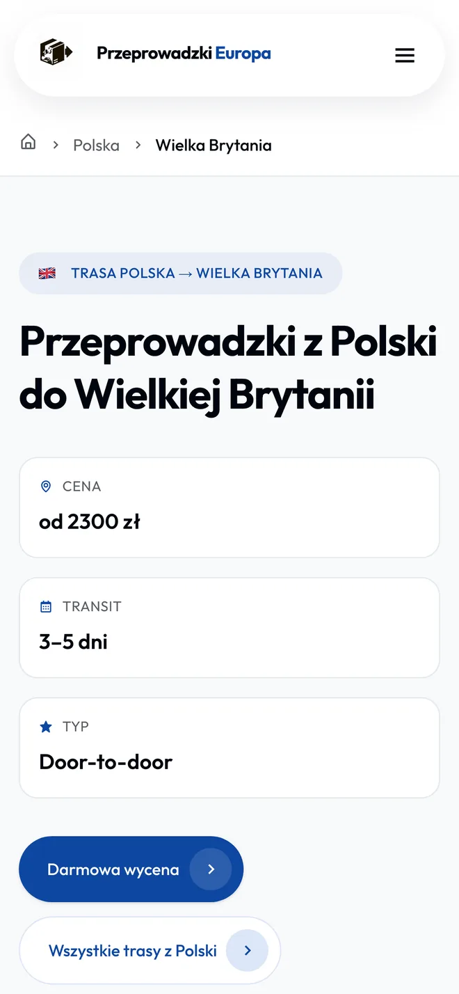 Mobile screen: route page Poland to the United Kingdom with price from, transit time and door-to-door
