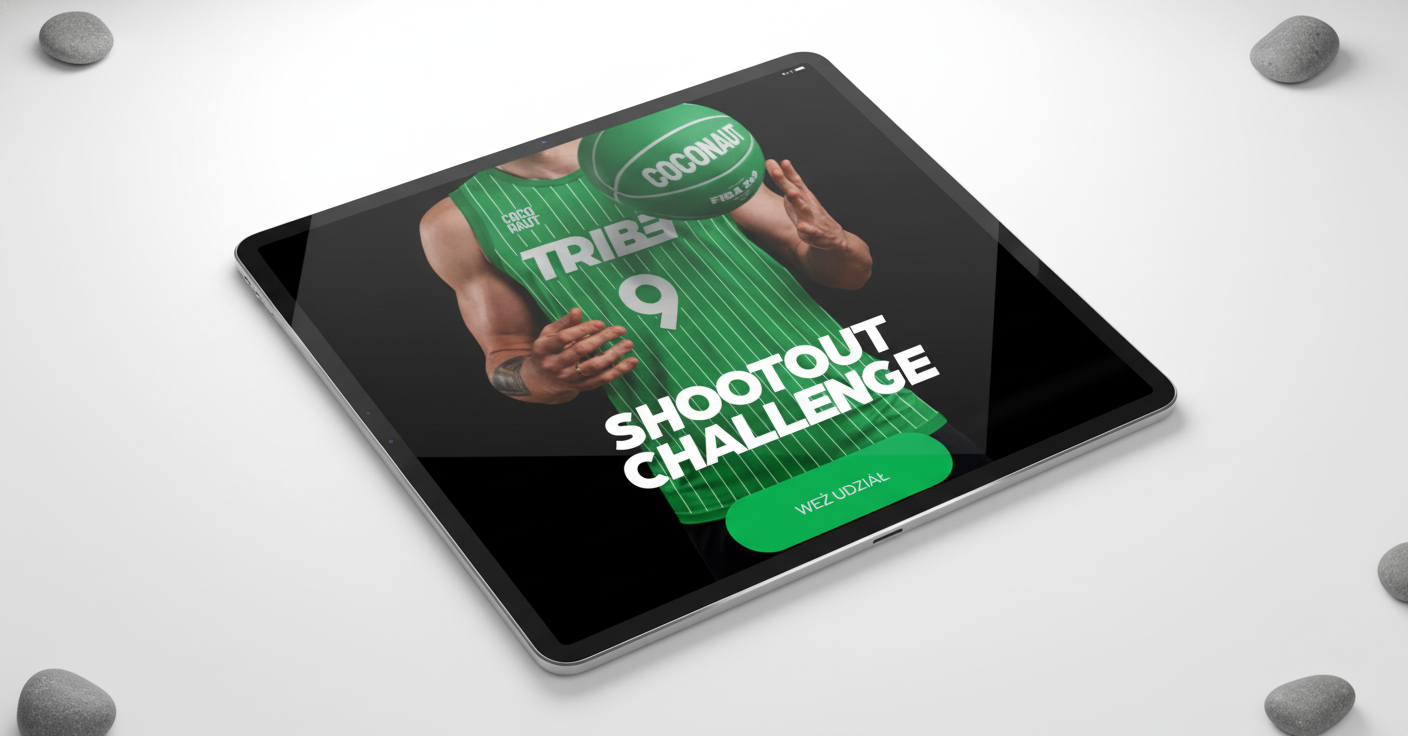 Coconaut Shootout Challenge lead-capture app on an iPad — green Coconaut basketball jersey and SHOOTOUT CHALLENGE headline