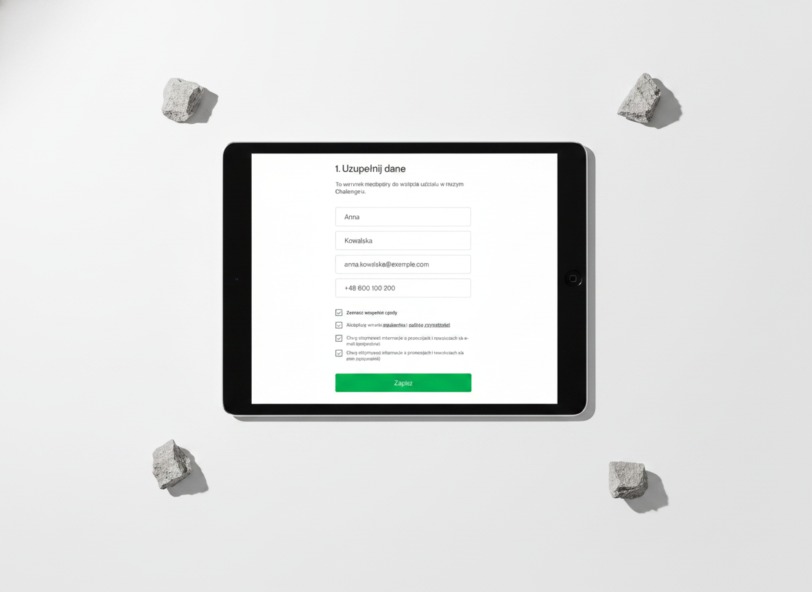 Coconaut Shootout lead-capture form on an iPad, flat-lay — name fields, email, RODO consents and a green Zapisz button
