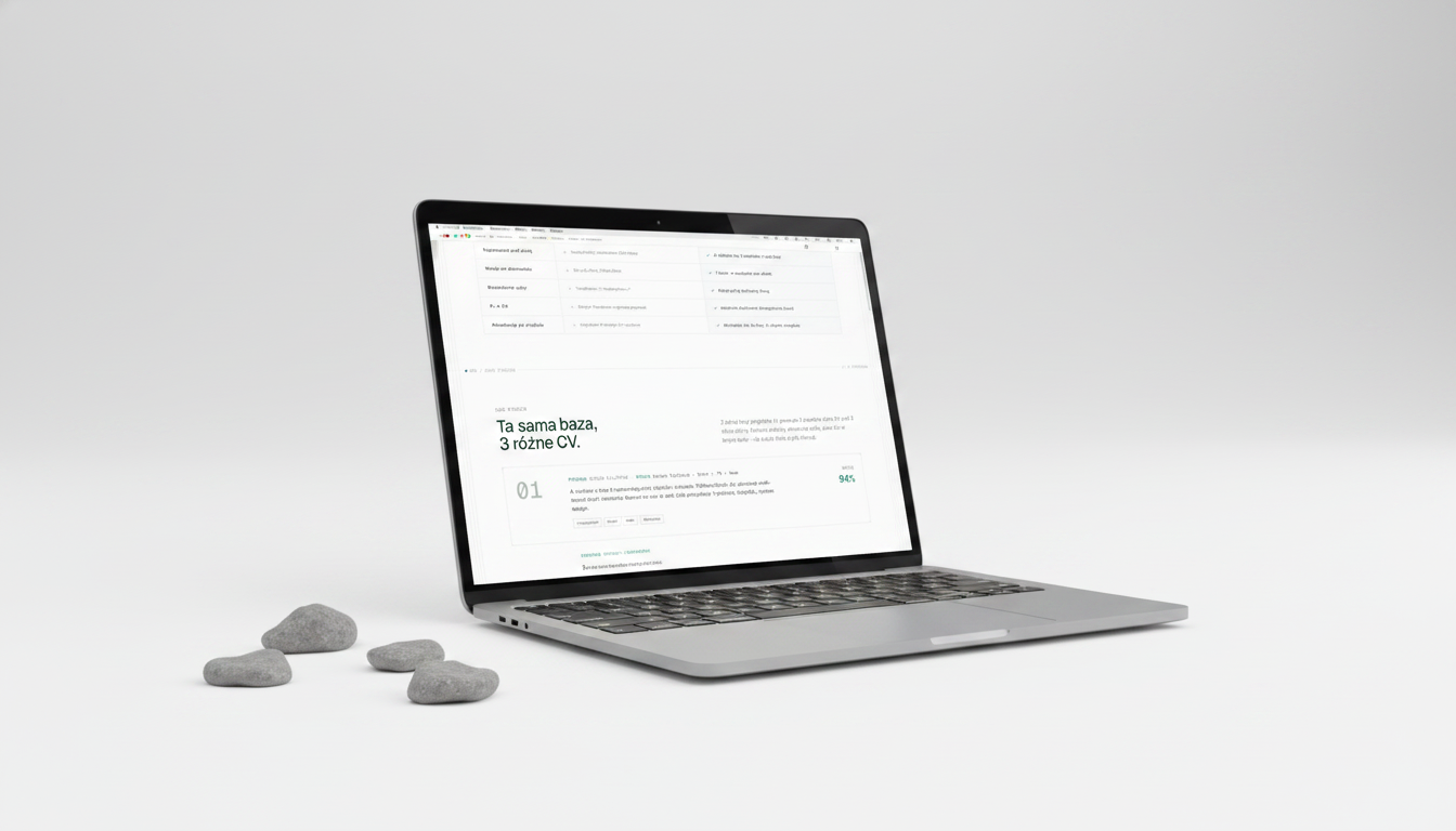 Ta sama baza, 3 różne CV — personas section on zlozcv.pl showing Senior FullStack, AI Engineer and WordPress Senior variants with match scores